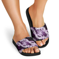 Puakenikeni Maile Lei Slide Sandals Frangipani Purple Tropical Leaves