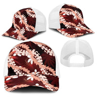 Puakenikeni Maile Lei Baseball Net Cap Frangipani Red Tropical Leaves
