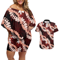 Puakenikeni Maile Lei Couples Matching Off Shoulder Short Dress and Hawaiian Shirt Frangipani Red Tropical Leaves LT01 Red - Polynesian Pride