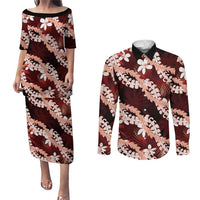 Puakenikeni Maile Lei Couples Matching Puletasi and Long Sleeve Button Shirt Frangipani Red Tropical Leaves LT01 Red - Polynesian Pride
