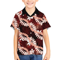 Puakenikeni Maile Lei Family Matching Mermaid Dress and Hawaiian Shirt Frangipani Red Tropical Leaves LT01 Son's Shirt Red - Polynesian Pride