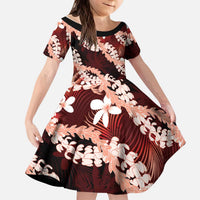 Puakenikeni Maile Lei Kid Short Sleeve Dress Frangipani Red Tropical Leaves LT01 KID Red - Polynesian Pride