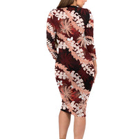 Puakenikeni Maile Lei Long Sleeve Bodycon Dress Frangipani Red Tropical Leaves LT01 - Polynesian Pride