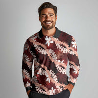 Puakenikeni Maile Lei Long Sleeve Polo Shirt Frangipani Red Tropical Leaves LT01 - Polynesian Pride