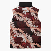 Puakenikeni Maile Lei Sleeveless Puffer Jacket Frangipani Red Tropical Leaves