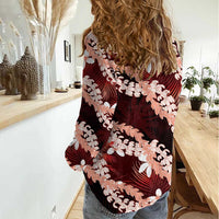 Puakenikeni Maile Lei Women Casual Shirt Frangipani Red Tropical Leaves LT01 - Polynesian Pride