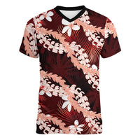 Puakenikeni Maile Lei Women V-Neck T-Shirt Frangipani Red Tropical Leaves LT01 Female Red - Polynesian Pride