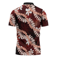 Puakenikeni Maile Lei Zipper Polo Shirt Frangipani Red Tropical Leaves LT01 - Polynesian Pride