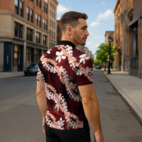 Puakenikeni Maile Lei Zipper Polo Shirt Frangipani Red Tropical Leaves LT01 - Polynesian Pride
