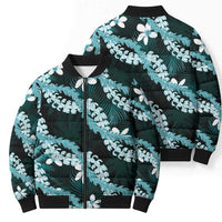 Puakenikeni Maile Lei Bomber Puffer Jacket Frangipani Turquoise Tropical Leaves