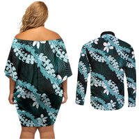 Puakenikeni Maile Lei Couples Matching Off Shoulder Short Dress and Long Sleeve Button Shirt Frangipani Turquoise Tropical Leaves LT01 - Polynesian Pride