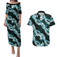 Puakenikeni Maile Lei Couples Matching Puletasi and Hawaiian Shirt Frangipani Turquoise Tropical Leaves LT01 Turquoise - Polynesian Pride