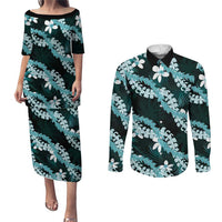 Puakenikeni Maile Lei Couples Matching Puletasi and Long Sleeve Button Shirt Frangipani Turquoise Tropical Leaves LT01 Turquoise - Polynesian Pride