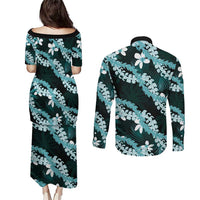 Puakenikeni Maile Lei Couples Matching Puletasi and Long Sleeve Button Shirt Frangipani Turquoise Tropical Leaves LT01 - Polynesian Pride