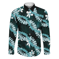 Puakenikeni Maile Lei Family Matching Off Shoulder Maxi Dress and Hawaiian Shirt Frangipani Turquoise Tropical Leaves LT01 Dad's Shirt - Long Sleeve Turquoise - Polynesian Pride