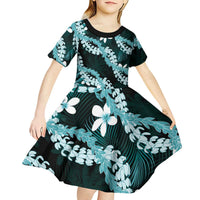 Puakenikeni Maile Lei Kid Short Sleeve Dress Frangipani Turquoise Tropical Leaves LT01 - Polynesian Pride