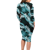 Puakenikeni Maile Lei Long Sleeve Bodycon Dress Frangipani Turquoise Tropical Leaves LT01 - Polynesian Pride