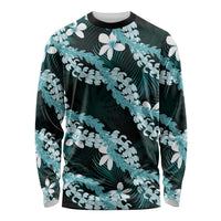 Puakenikeni Maile Lei Long Sleeve Shirt Frangipani Turquoise Tropical Leaves