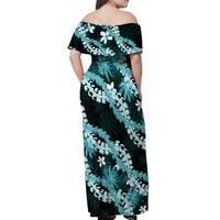Puakenikeni Maile Lei Off Shoulder Maxi Dress Frangipani Turquoise Tropical Leaves