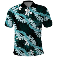 Puakenikeni Maile Lei Polo Shirt Frangipani Turquoise Tropical Leaves