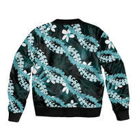 Puakenikeni Maile Lei Sleeve Zip Bomber Jacket Frangipani Turquoise Tropical Leaves
