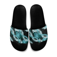 Puakenikeni Maile Lei Slide Sandals Frangipani Turquoise Tropical Leaves