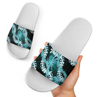 Puakenikeni Maile Lei Slide Sandals Frangipani Turquoise Tropical Leaves