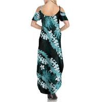 Puakenikeni Maile Lei Summer Maxi Dress Frangipani Turquoise Tropical Leaves