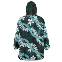 Puakenikeni Maile Lei Wearable Blanket Hoodie Frangipani Turquoise Tropical Leaves LT01 - Polynesian Pride