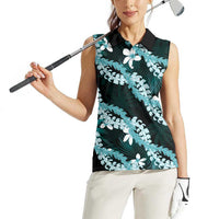 Puakenikeni Maile Lei Women Sleeveless Polo Shirt Frangipani Turquoise Tropical Leaves LT01 - Polynesian Pride