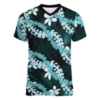 Puakenikeni Maile Lei Women V-Neck T-Shirt Frangipani Turquoise Tropical Leaves LT01 Female Turquoise - Polynesian Pride