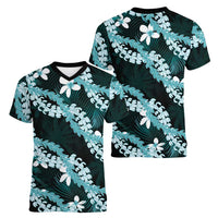 Puakenikeni Maile Lei Women V-Neck T-Shirt Frangipani Turquoise Tropical Leaves LT01 - Polynesian Pride