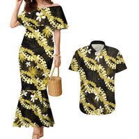 Puakenikeni Maile Lei Couples Matching Mermaid Dress and Hawaiian Shirt Frangipani Yellow Tropical Leaves LT01 Yellow - Polynesian Pride