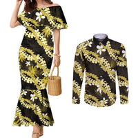 Puakenikeni Maile Lei Couples Matching Mermaid Dress and Long Sleeve Button Shirt Frangipani Yellow Tropical Leaves LT01 Yellow - Polynesian Pride