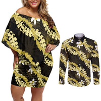 Puakenikeni Maile Lei Couples Matching Off Shoulder Short Dress and Long Sleeve Button Shirt Frangipani Yellow Tropical Leaves LT01 Yellow - Polynesian Pride
