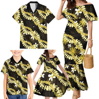 Puakenikeni Maile Lei Family Matching Mermaid Dress and Hawaiian Shirt Frangipani Yellow Tropical Leaves LT01 - Polynesian Pride