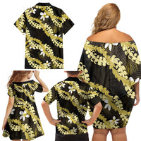 Puakenikeni Maile Lei Family Matching Off Shoulder Short Dress and Hawaiian Shirt Frangipani Yellow Tropical Leaves LT01 - Polynesian Pride