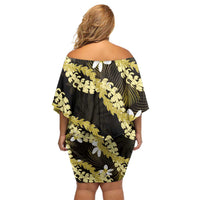 Puakenikeni Maile Lei Family Matching Off Shoulder Short Dress and Hawaiian Shirt Frangipani Yellow Tropical Leaves LT01 - Polynesian Pride