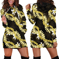 Puakenikeni Maile Lei Hoodie Dress Frangipani Yellow Tropical Leaves LT01 - Polynesian Pride