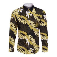 Puakenikeni Maile Lei Long Sleeve Button Shirt Frangipani Yellow Tropical Leaves