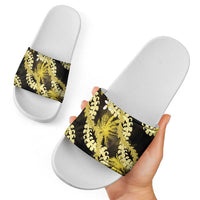 Puakenikeni Maile Lei Slide Sandals Frangipani Yellow Tropical Leaves