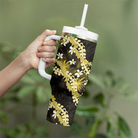 Puakenikeni Maile Lei Tumbler With Handle Frangipani Yellow Tropical Leaves