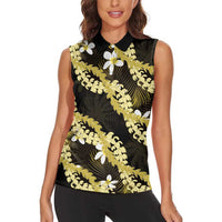 Puakenikeni Maile Lei Women Sleeveless Polo Shirt Frangipani Yellow Tropical Leaves LT01 - Polynesian Pride