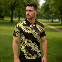 Puakenikeni Maile Lei Zipper Polo Shirt Frangipani Yellow Tropical Leaves LT01 - Polynesian Pride