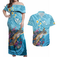 Personalized Hawaii Sea Turtle Couples Matching Off Shoulder Maxi Dress and Hawaiian Shirt Hawaii Map Ocean Vibes