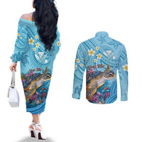 Personalized Hawaii Sea Turtle Couples Matching Off The Shoulder Long Sleeve Dress and Long Sleeve Button Shirt Hawaii Map Ocean Vibes