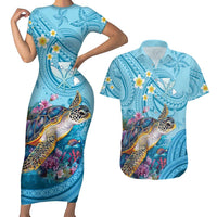 Personalized Hawaii Sea Turtle Couples Matching Short Sleeve Bodycon Dress and Hawaiian Shirt Hawaii Map Ocean Vibes