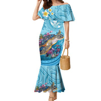 Personalized Hawaii Sea Turtle Family Matching Mermaid Dress and Hawaiian Shirt Hawaii Map Ocean Vibes LT01 Mom's Dress Blue - Polynesian Pride