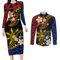 Philippines Spirit Tribal Sun Plumeria Couples Matching Long Sleeve Bodycon Dress and Long Sleeve Button Shirt Red And Blue Polynesian Pattern LT01 Black - Polynesian Pride