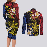Philippines Spirit Tribal Sun Plumeria Couples Matching Long Sleeve Bodycon Dress and Long Sleeve Button Shirt Red And Blue Polynesian Pattern LT01 - Polynesian Pride